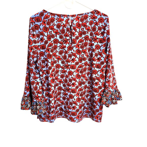 Dalia Blouse Contrasting Bell Sleeves Light Blue & Red Floral Scoop Neck… - Picture 4 of 15